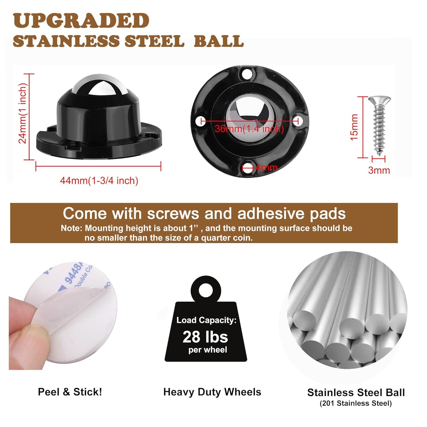 PlusRoc 8 Pack Anti-Rust Wheels Stainless Steel Self Adhesive Caster Wheels for Mop Bucket, Kitchen