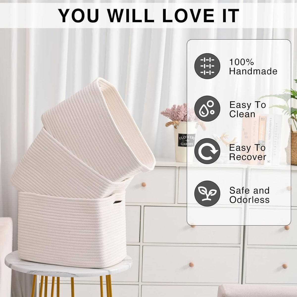 Storage Baskets for Organizing Shelves, Woven Cotton Rope Bins for Baby Nursery Organization, Book