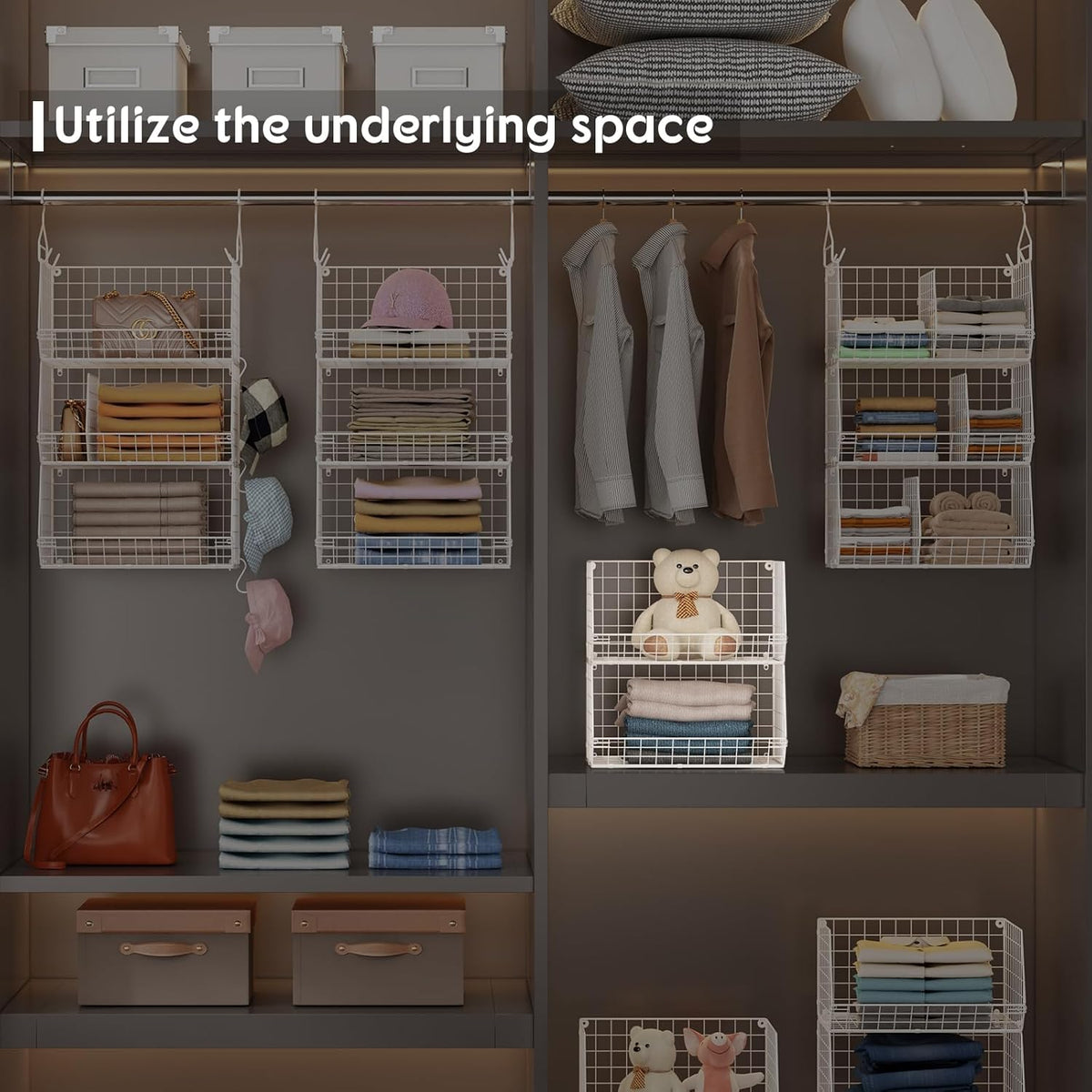 5 Tier Extra Large Closet Hanging Shelves with Divider,2 Pair Hook,16.5"L x 11.8"W x 51.4"H Closets