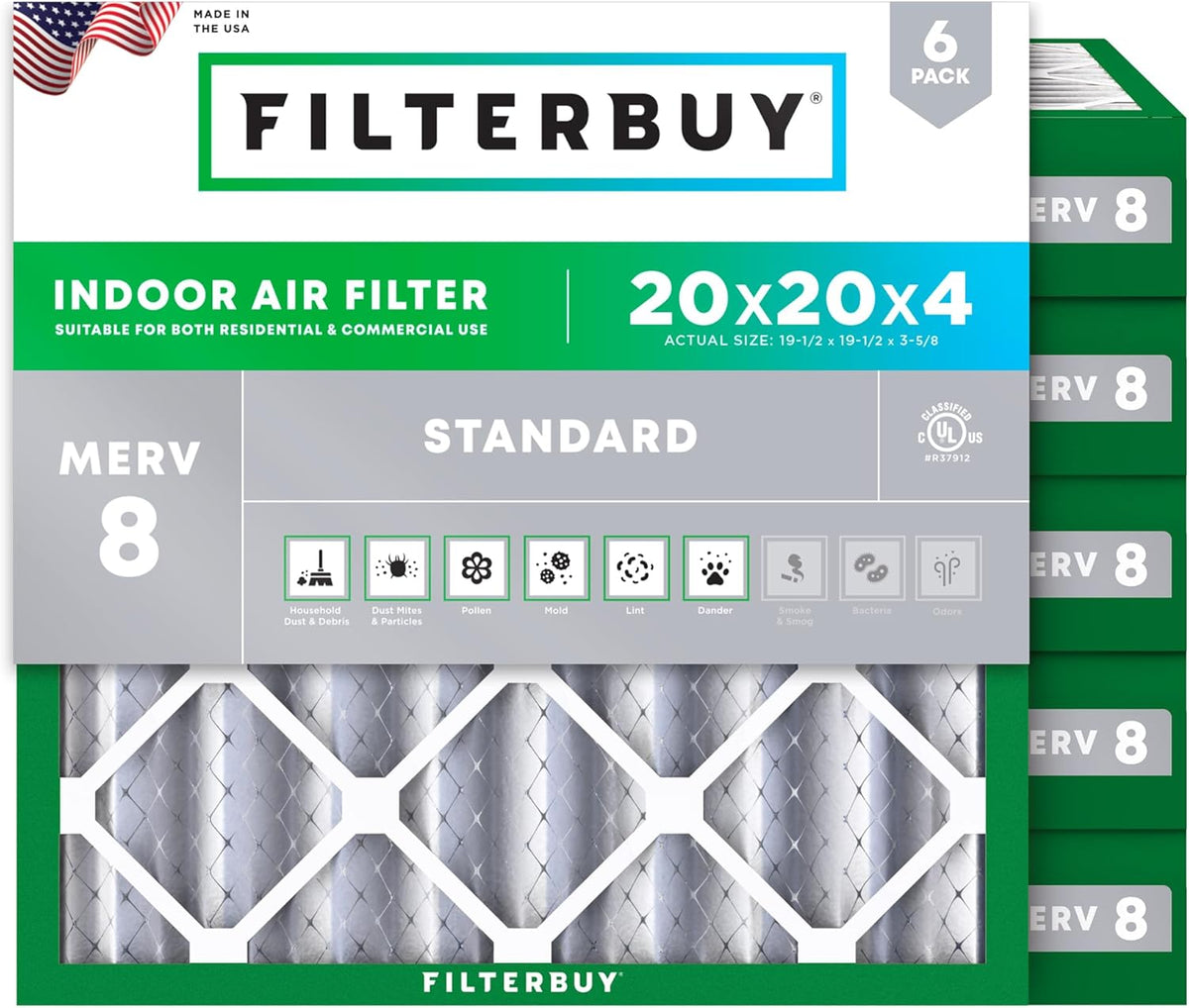 Filterbuy 20x20x4 Air Filter MERV 8 (MPR 700) Dust Defense Replacement (6-Pack), Electrostatic