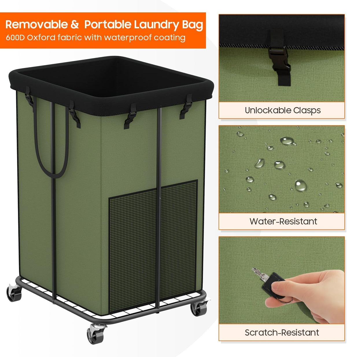 150L Laundry Hamper with Wheels, Rolling Laundry Basket with Metal Frame and Removable Bag, Large &