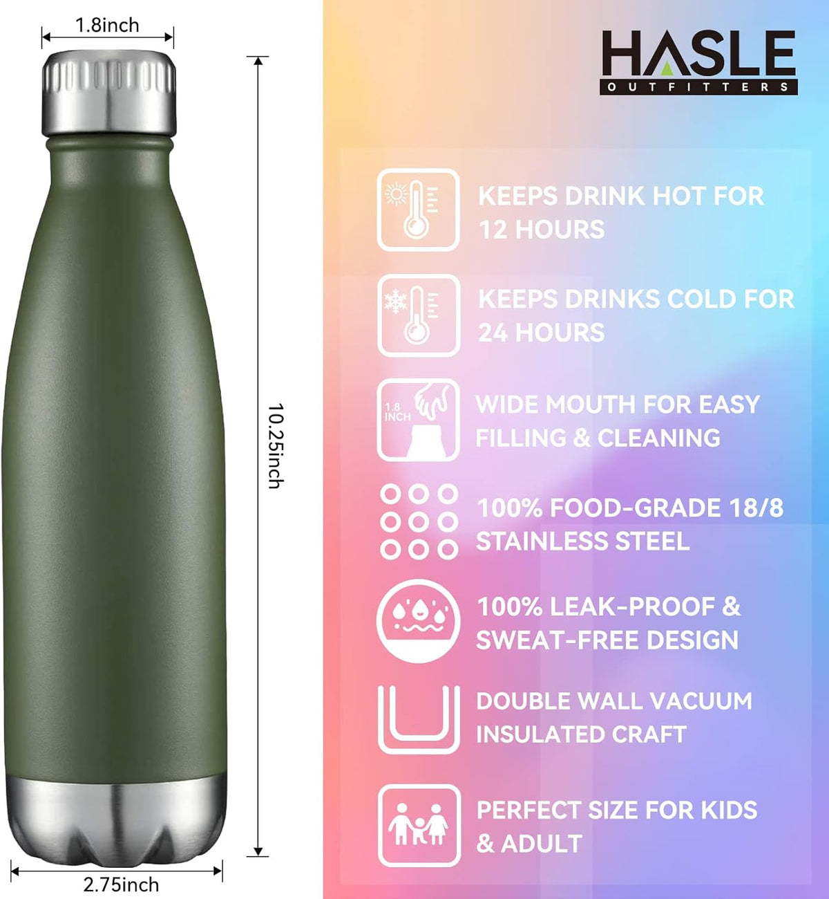 HASLE OUTFITTERS 17oz Stainless Steel Water Bottles Bulk, Vacuum Insulated Double Walled Powder