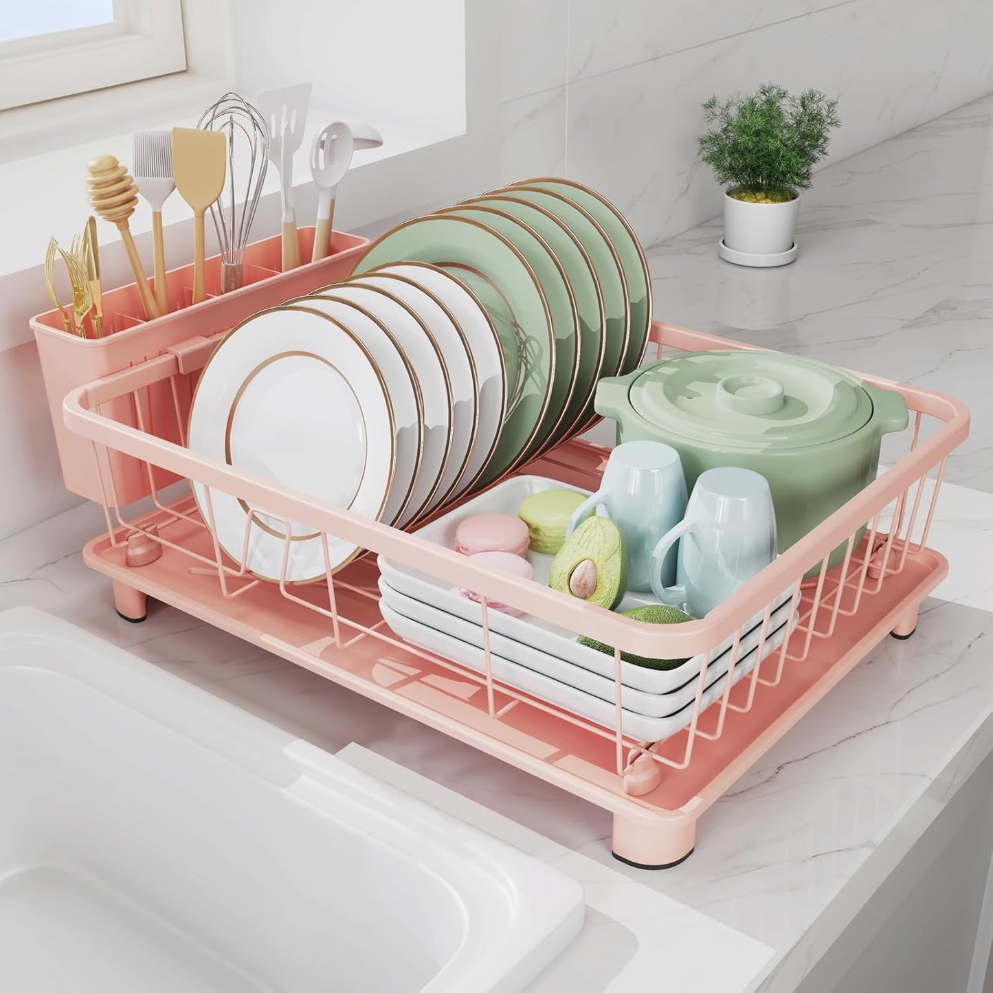 Pink Dish Drying Rack - Space-Saving Dish Rack,Dish Racks for Kitchen Counter with Drainboard