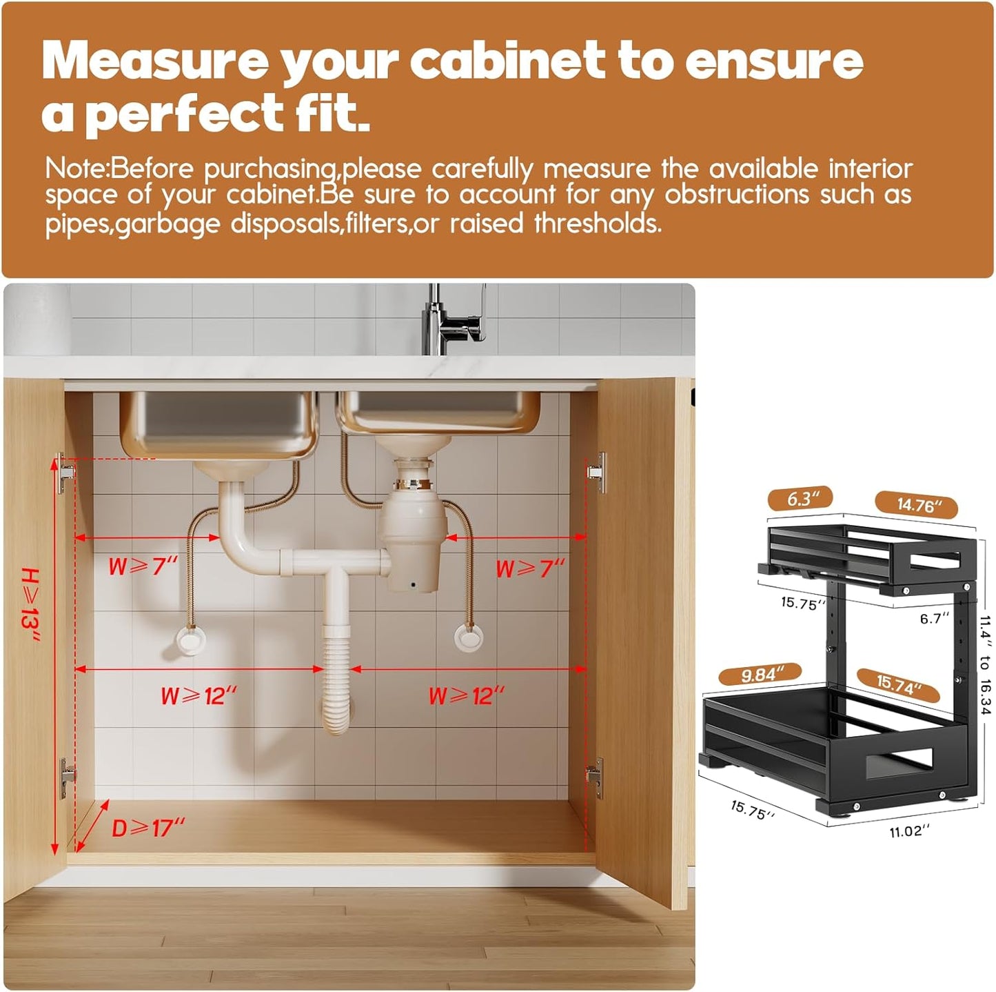 1-Pack Under Sink Organizers and Storage,2-Tier L Shape Pull Out Cabinet Organizer With Round Tube