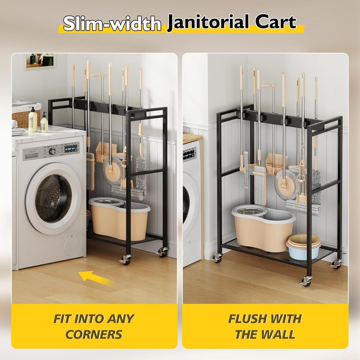 BORISI Broom And Mop Holder, Movable Broom Closet Storage Cabinet, Cleaning Cart with Mop Hanger