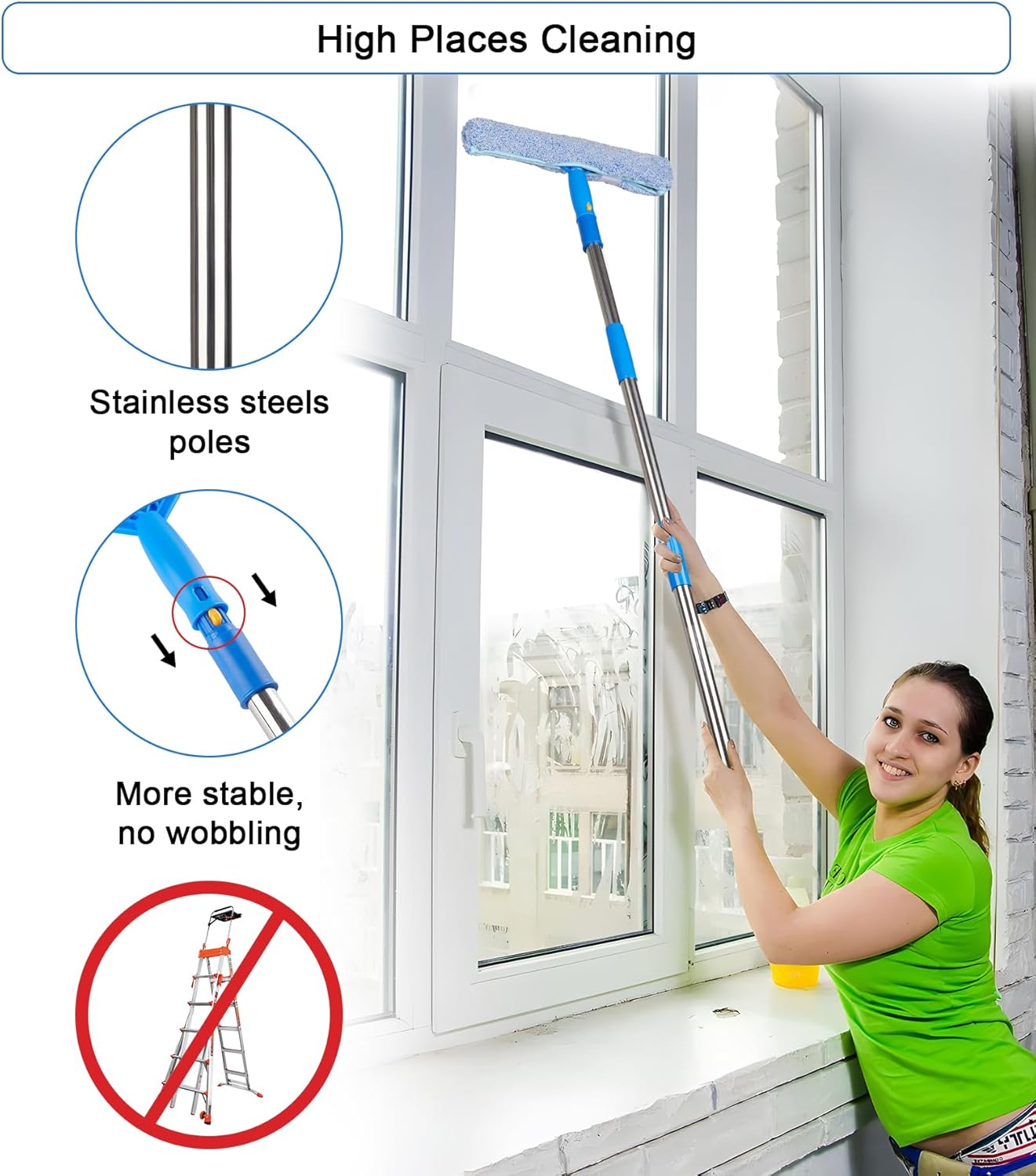Window Squeegee Cleaner with 4 Stainless Steel Extension Poles,Long Reach to 58inch, Scrubber