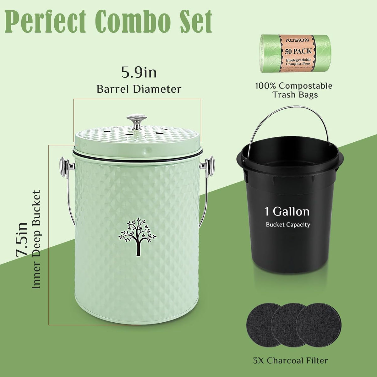 AOSION Countertop Compost Bin Kitchen，Odorless Indoor Compost Bin with Lid and Compost Bags,Compost