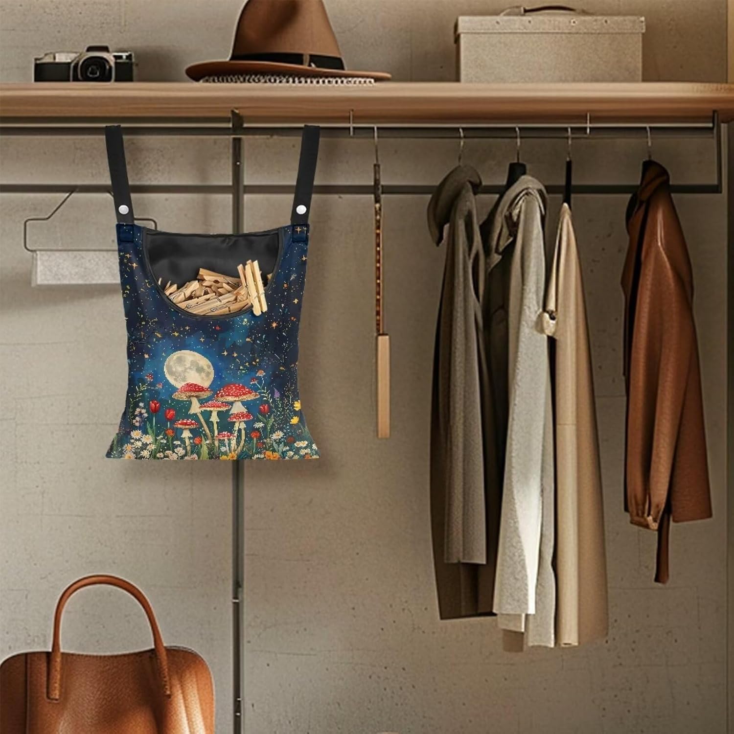 Mushroom Handy Clothespin Bags Moon Space-Saving Clothespin Storage Hanger Bag, Hanging Storage