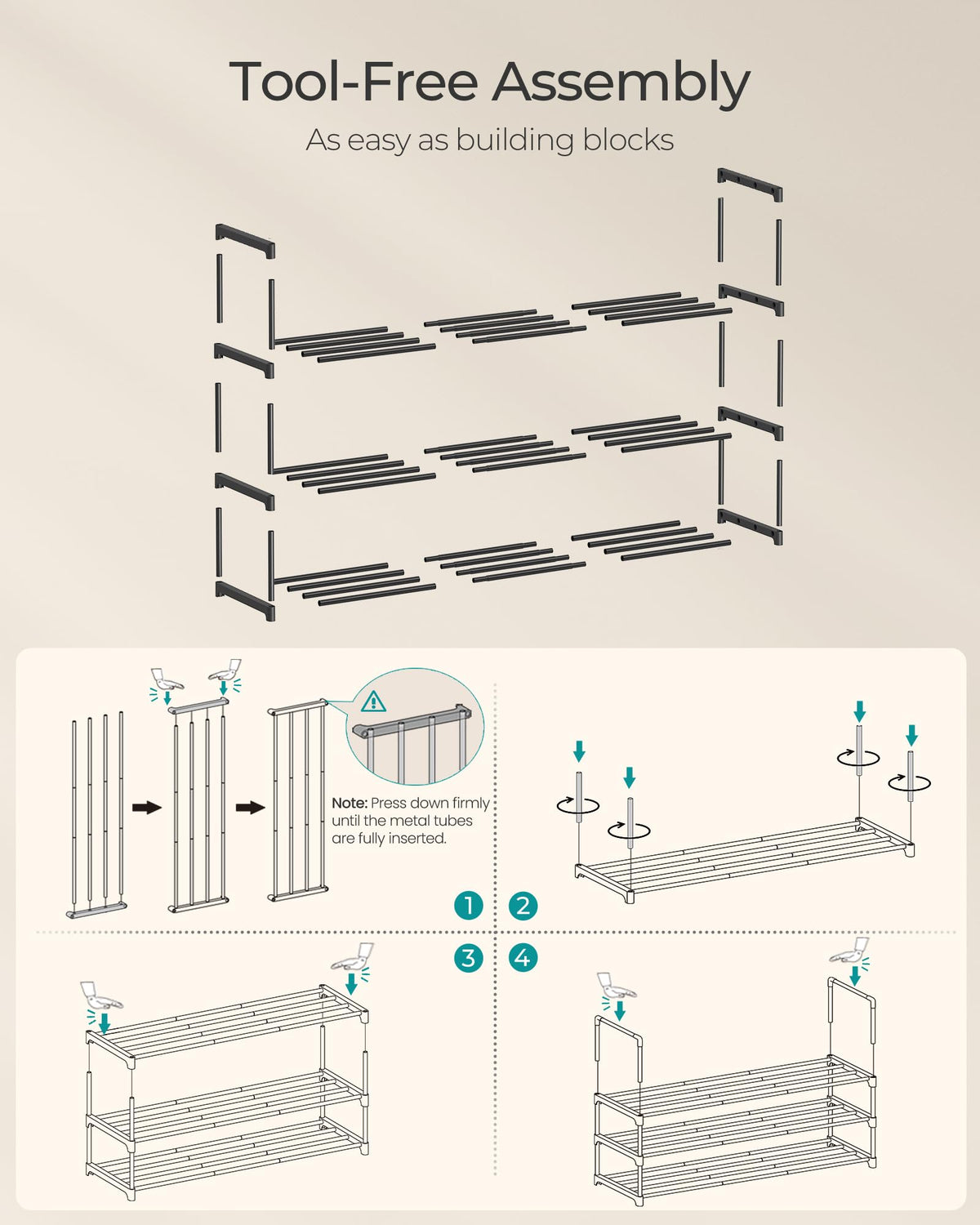 SONGMICS Shoe Rack, 3-Tier Shoe Organizer, Metal Storage Shelf, Upright or Upside Down, for 16-20