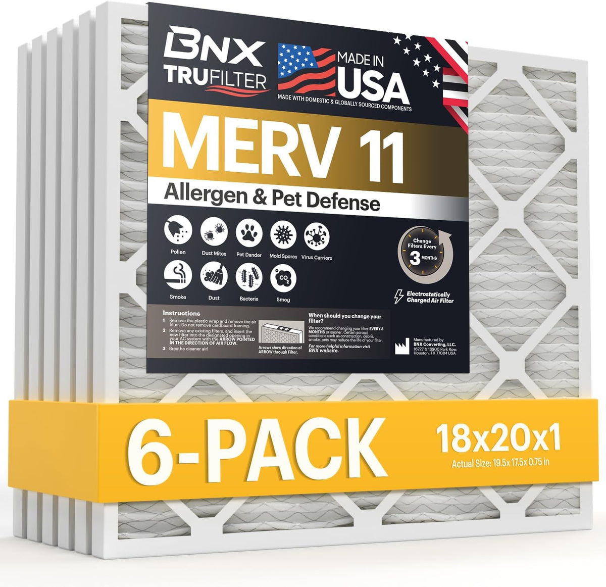 BNX TruFilter 18x20x1 Air Filter MERV 11 (6-Pack) - MADE IN USA - Allergen Defense Electrostatic