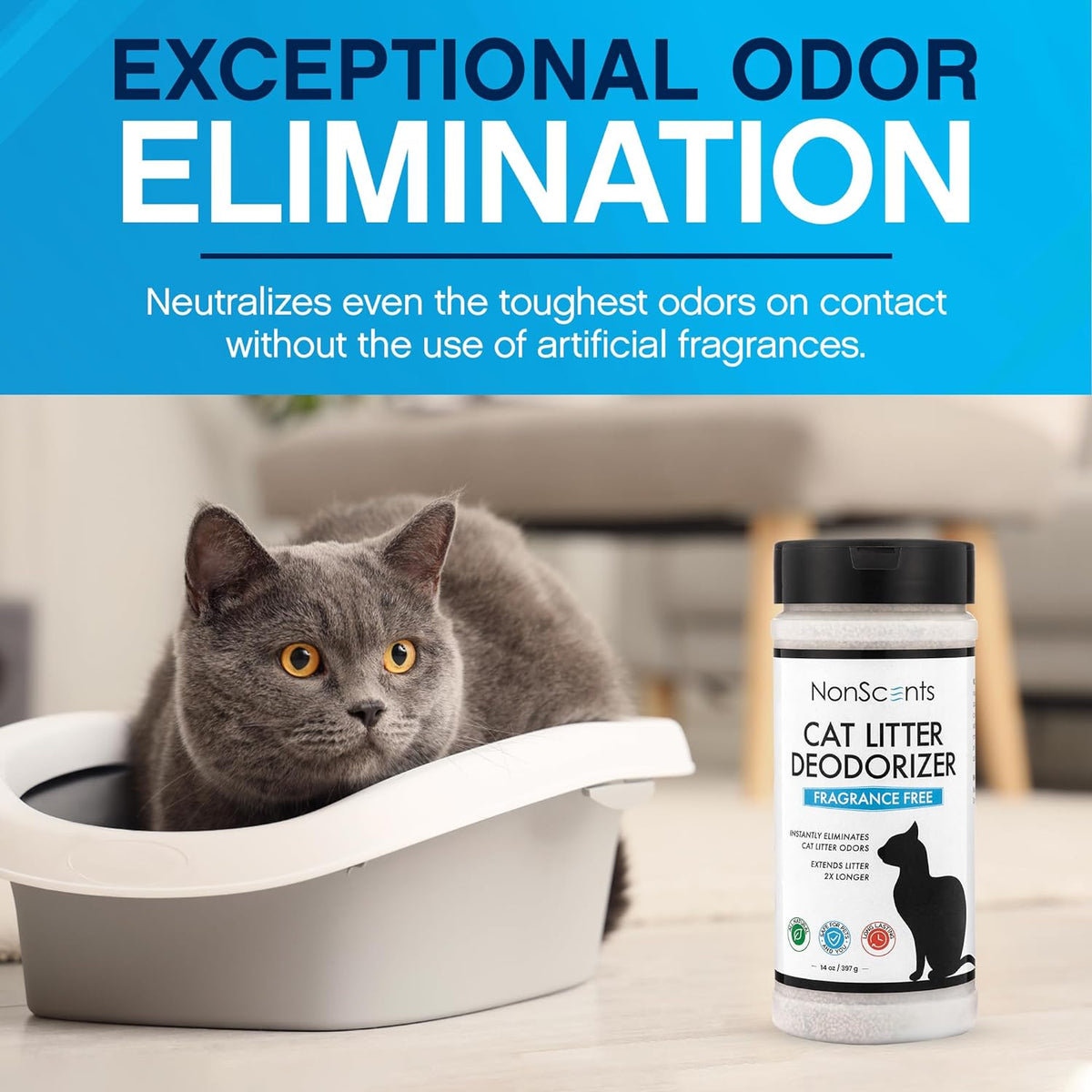 NonScents Cat Litter Deodorizer - Litter Box Odor Eliminator - Less Scooping Extends Kitty Litter