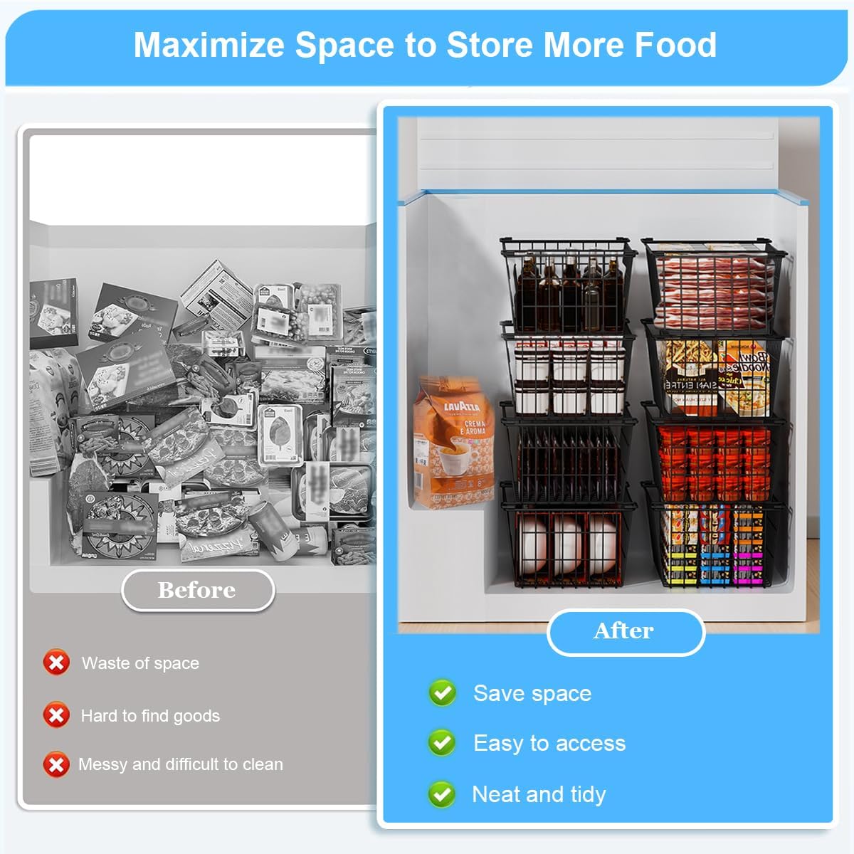 Freezer Organizer Bins, Large Capacity Stackable Baskets for Deep Chest Freezer Easy Get and Sort