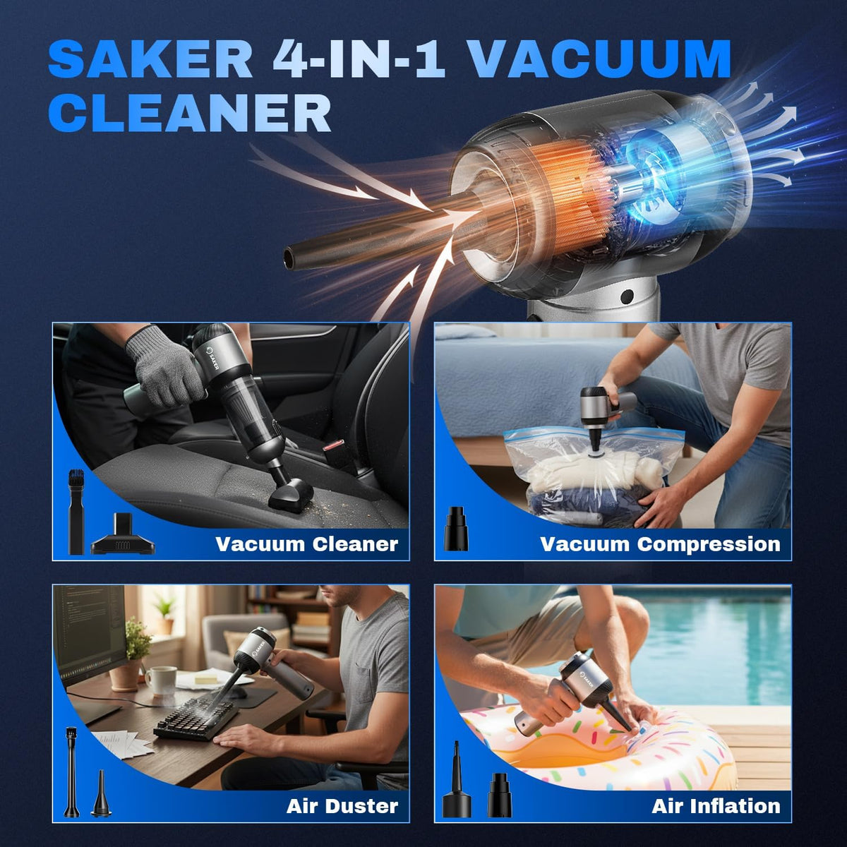 Saker Car Vacuum Portable Cordless 20000Pa Suction Power 4 in 1 Handheld Vacuum&Air Duster with LED
