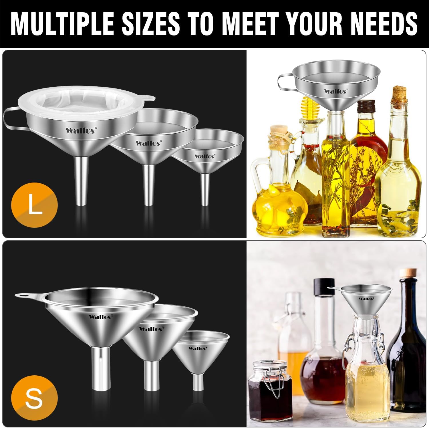 Stainless Steel Funnel, Walfos 6 Different Sizes of Kitchen funnels with 2 Removable Strainer ＆