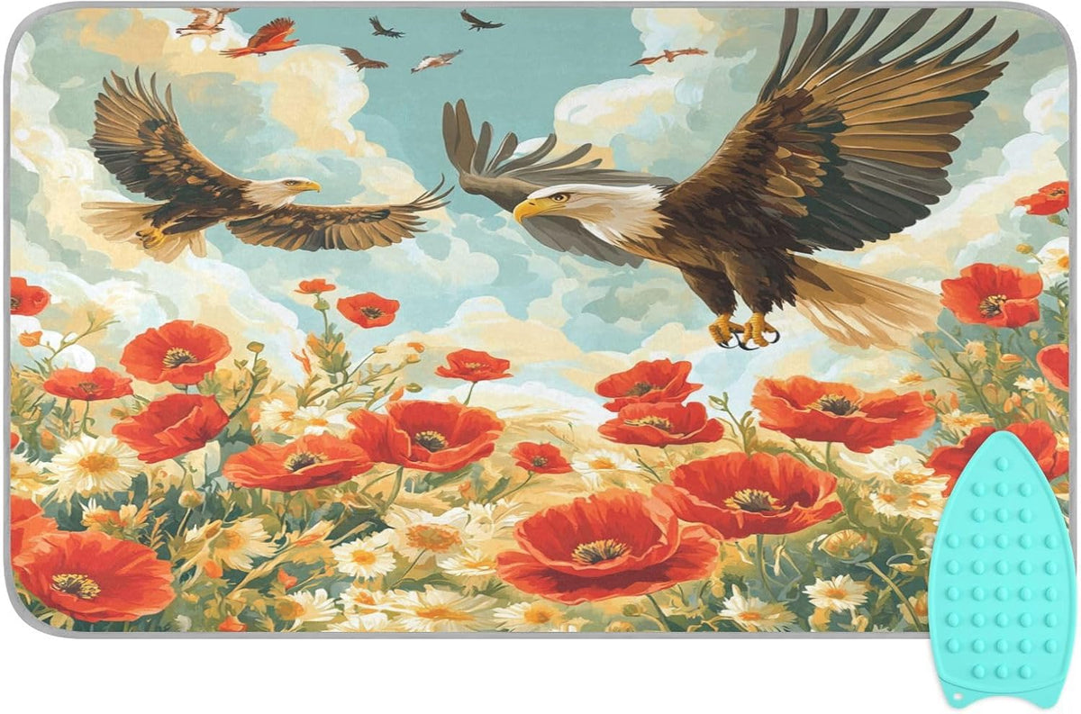 Vivid Poppy Wildflowers and Eagles Ironing Mat Thickened Ironing Blanket Travel Portable