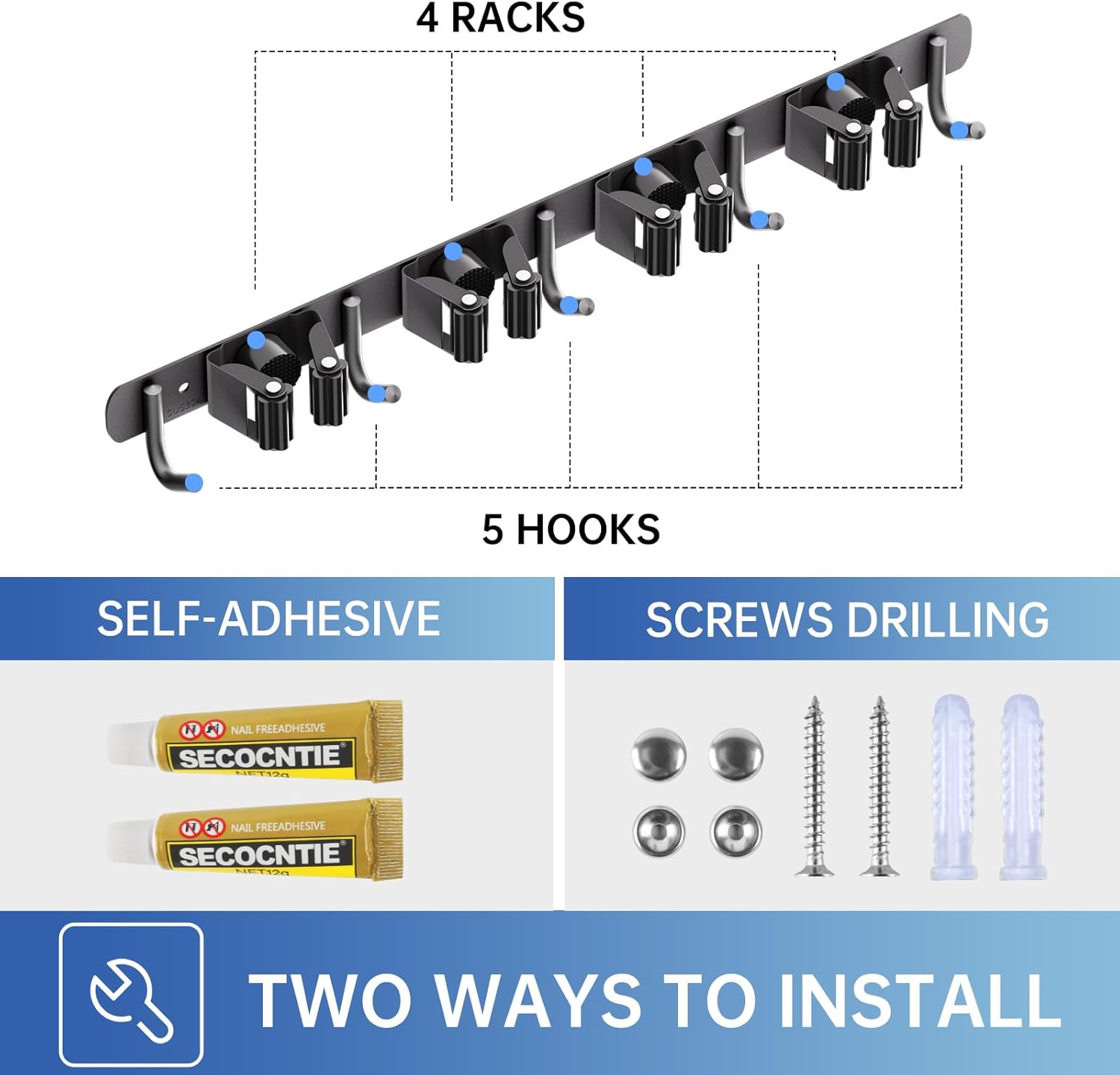 ZONGOOL 2 Pack Broom Holder Wall Mount, 4 Racks and 5 Hooks Mop Hanger Wall Mount Broom Organizer