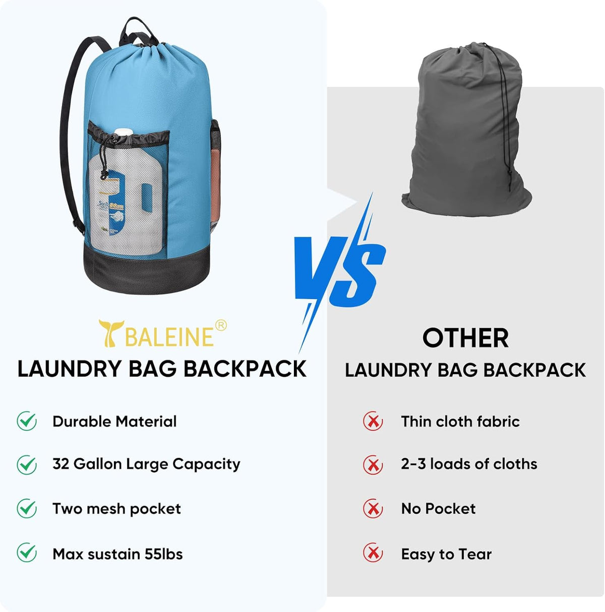 BALEINE 150L Laundry Bag Backpack, 900D Oxford Fabric Large Travel Laundry Bags with Shoulder