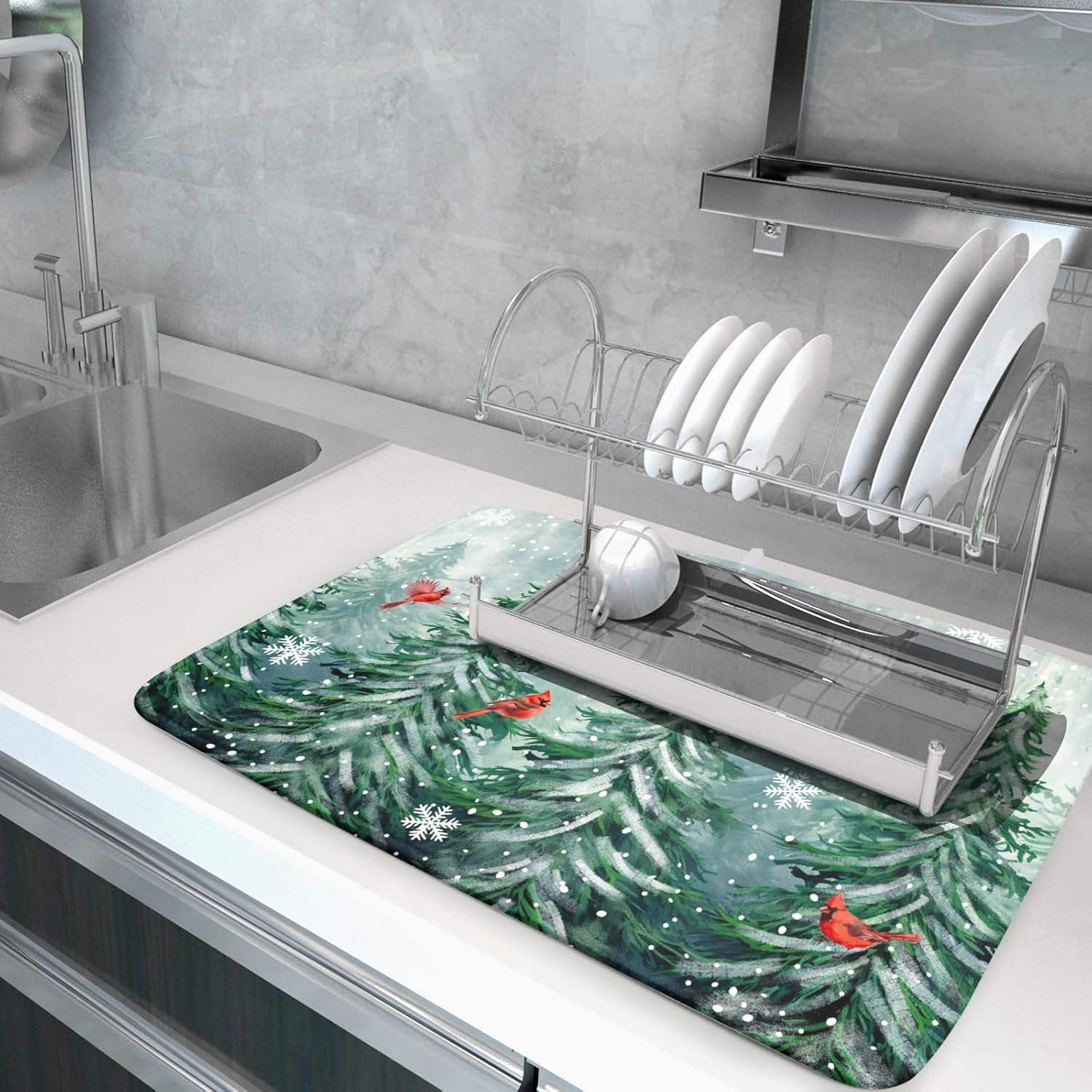 Winter Pines Tree Dish Drying Mats for Kitchen Counter, Christmas Tree Dish Mat Absorbent