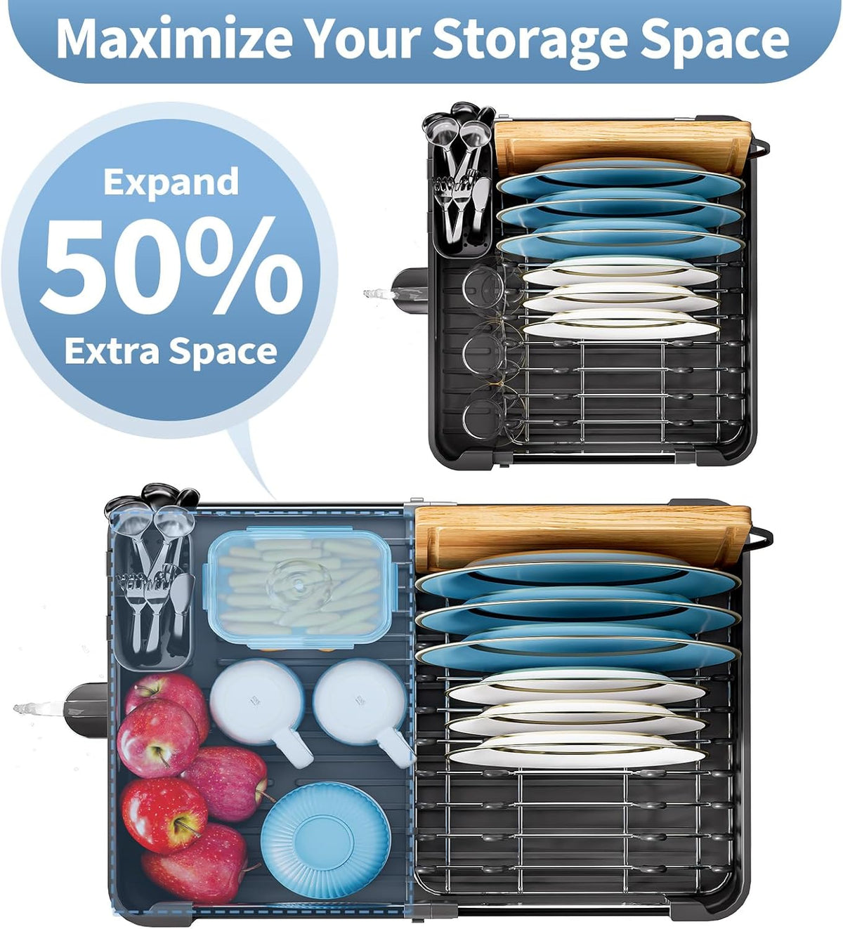 Dish Drying Rack for Kitchen Counter, Extendable Dish Rack with Drainboard, Collapsible Dish