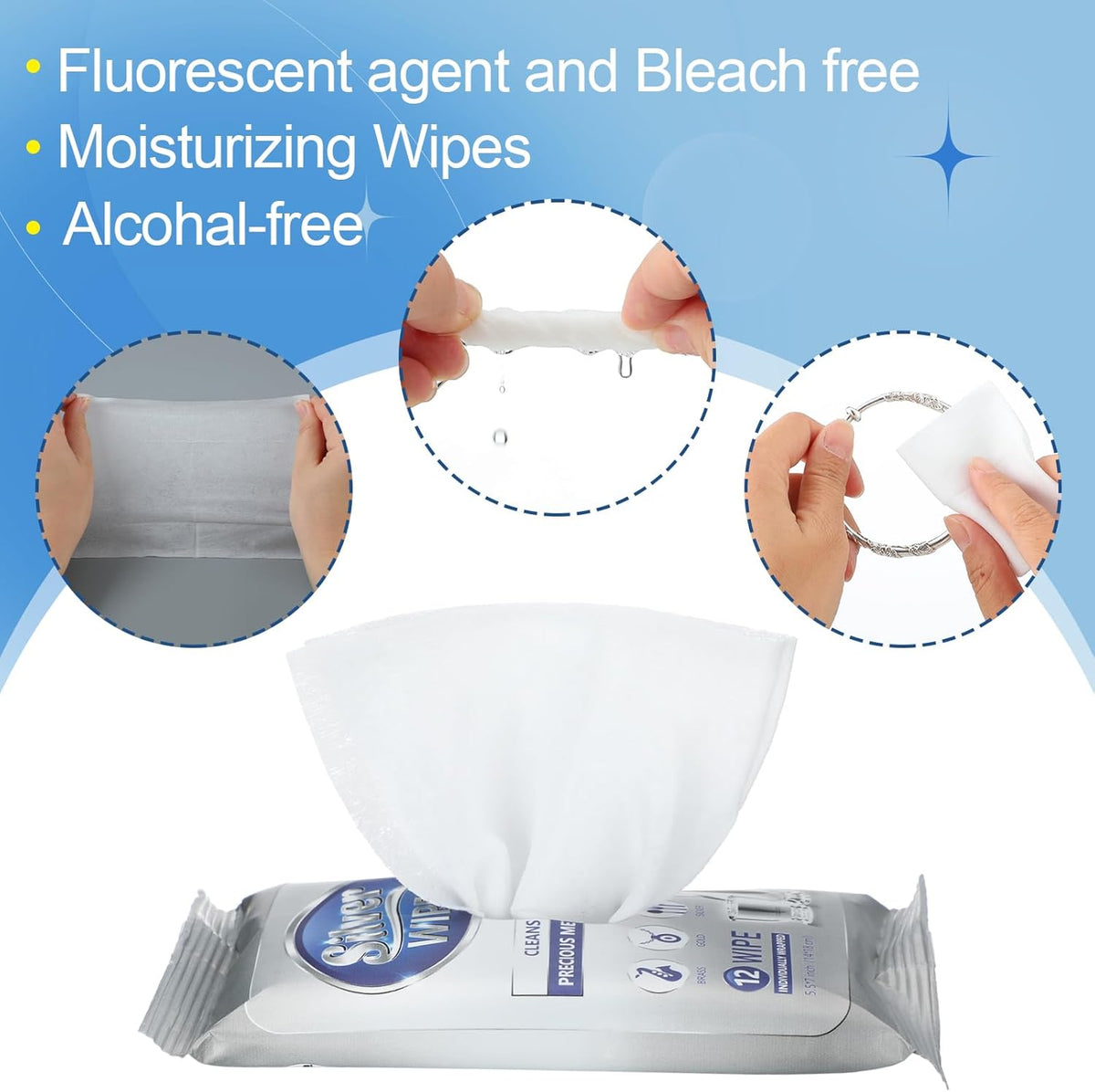 6 Pack/ 72 Pcs Silver Cleaner Wipes Silver Polish Jewelry Cleaner Cleaning Jewelry Wipes for