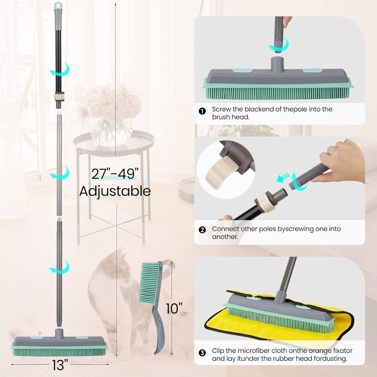 Conliwell Rubber Broom Carpet Rake for Pet Hair, Fur Remover Broom with Squeegee, Portable