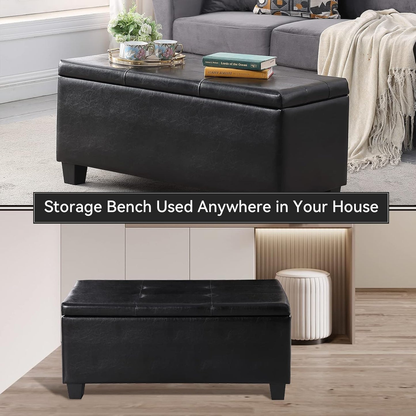 Storage Ottoman Set of 3, 38'' Button-Tufted Coffee Table Bench with 2pcs Nesting Foot Stools, for