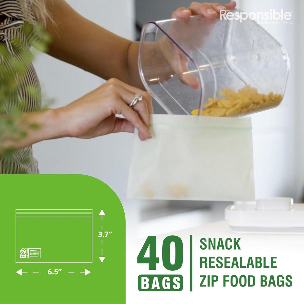Responsible Products Certified Compostable SNACK Resealable Zip Bag, Extra Strength Food Bags
