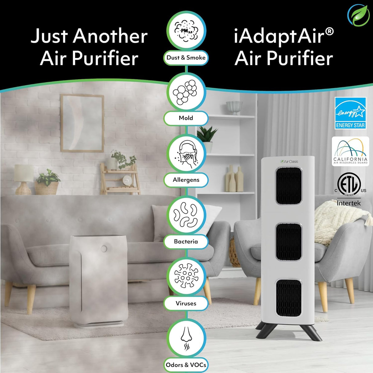 Air Oasis iAdaptAir 2.0 H13 HEPA Filter Air Purifier Reduces 99% of Viruses, Mold, Dust, Smoke