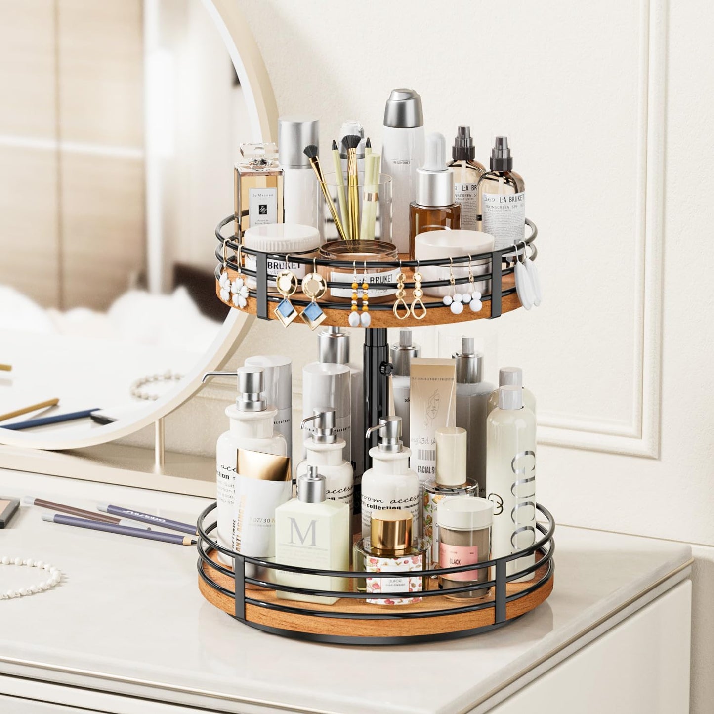 Lazy Susan Turntable Organizer Adjustable - 2 Tier Wood Rotating Spice Rack 12 Inch Lazy Susan for