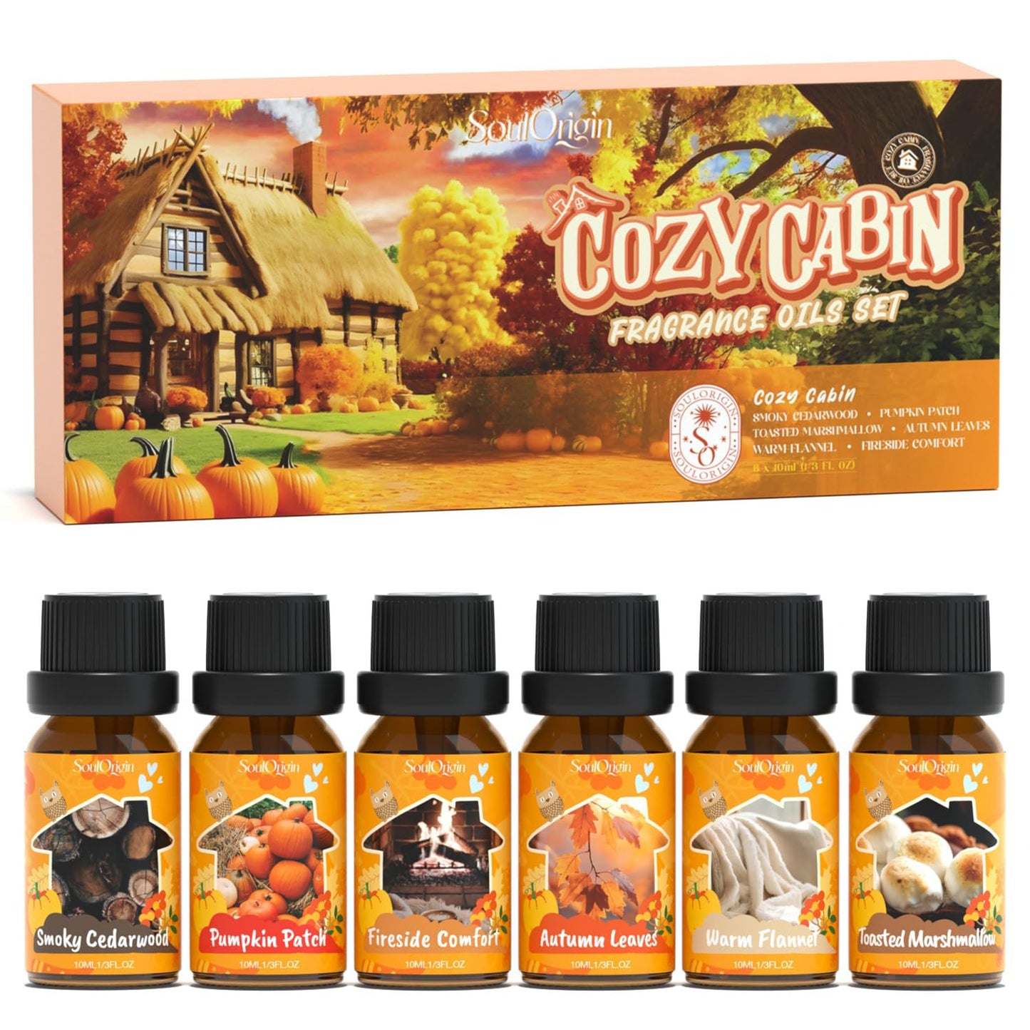 Fall Cozy Cabin Fragrance Oils Set, Essential Oil for Diffuser, Use for Soap Candle Making-Smoky