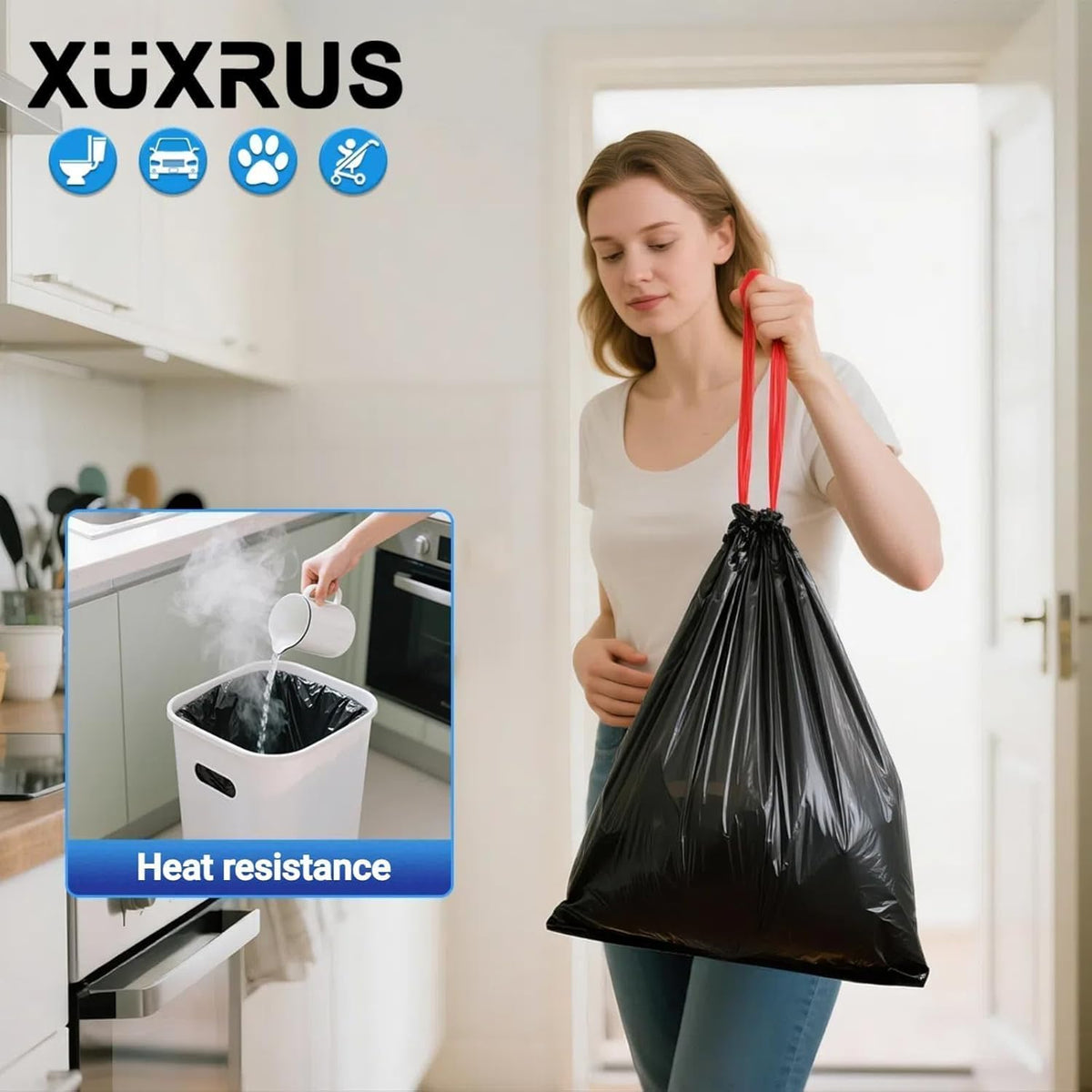 XUXRUS 2.6-3 Gallon Black Bathroom Drawstring Trash Bags - 60 Count Folded Small Garbage Bags
