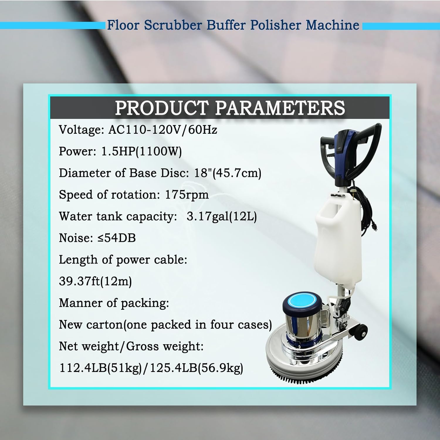 18" Commercial Floor Scrubber & Polisher Heavy Duty Multi-Surface Buffer Cleaner for Wood, Tile