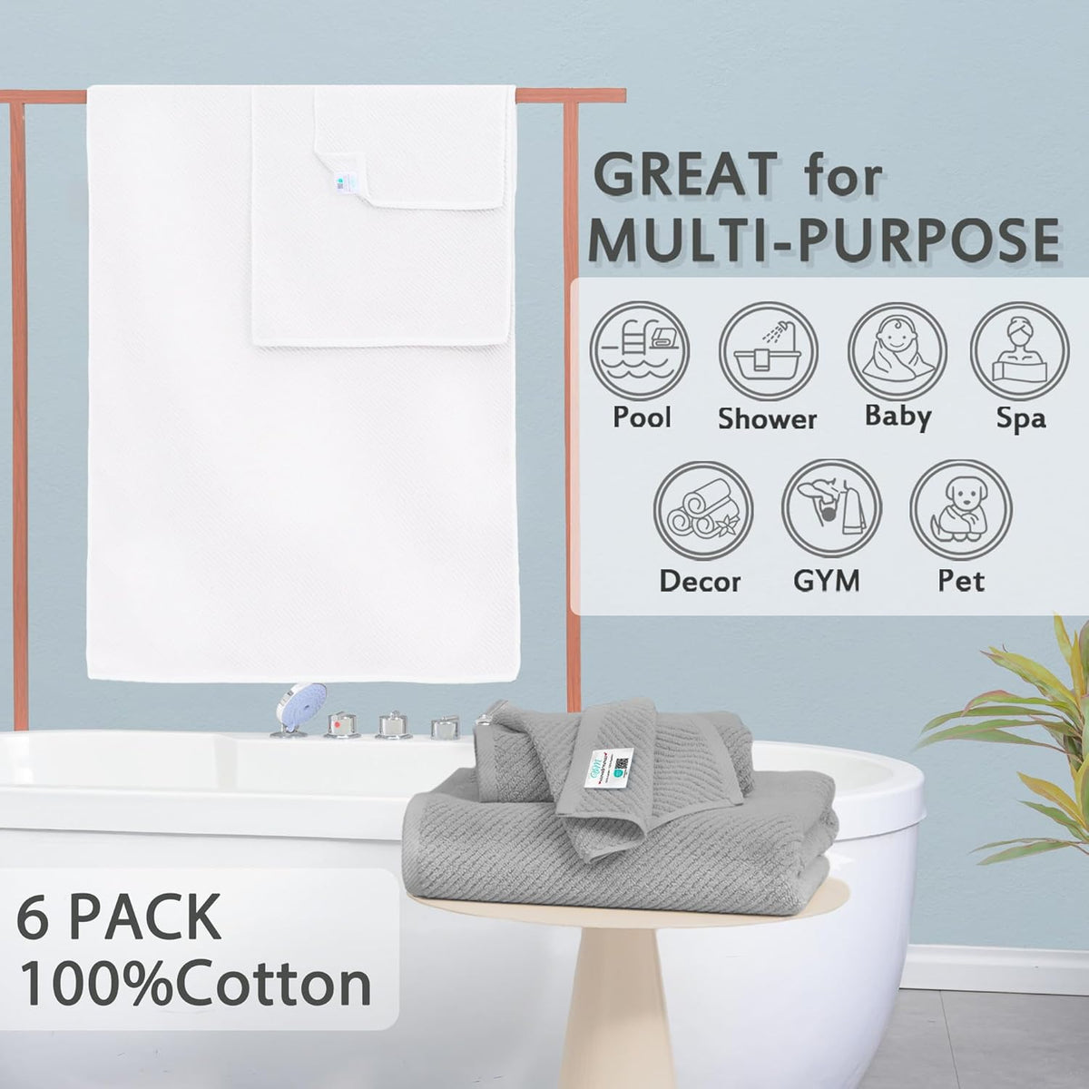 VOOVA & MOVAS Bathroom Towel Set - 100% Cotton | Soft | Quick Dry, Towel Set of 6, 2 Large Bath
