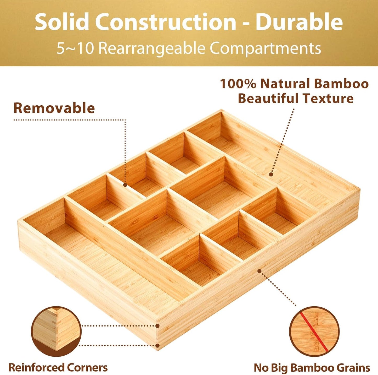 Umilife Extra Large Bamboo Desk Drawer Organizer, Wood Junk Organizer Tray with Adjustable