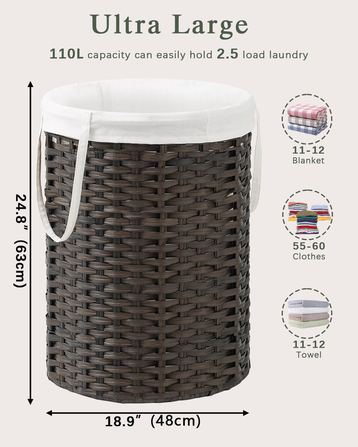 Laundry Basket Round Rattan Laundry Hamper 29.1 Gal (110 L) Handwoven Large Wicker Basket with