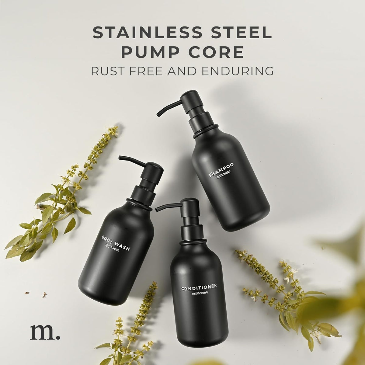 MaisoNovo Refillable Shampoo and Conditioner Bottles | 16.9 fl oz Set of 3 Black Plastic Bottles