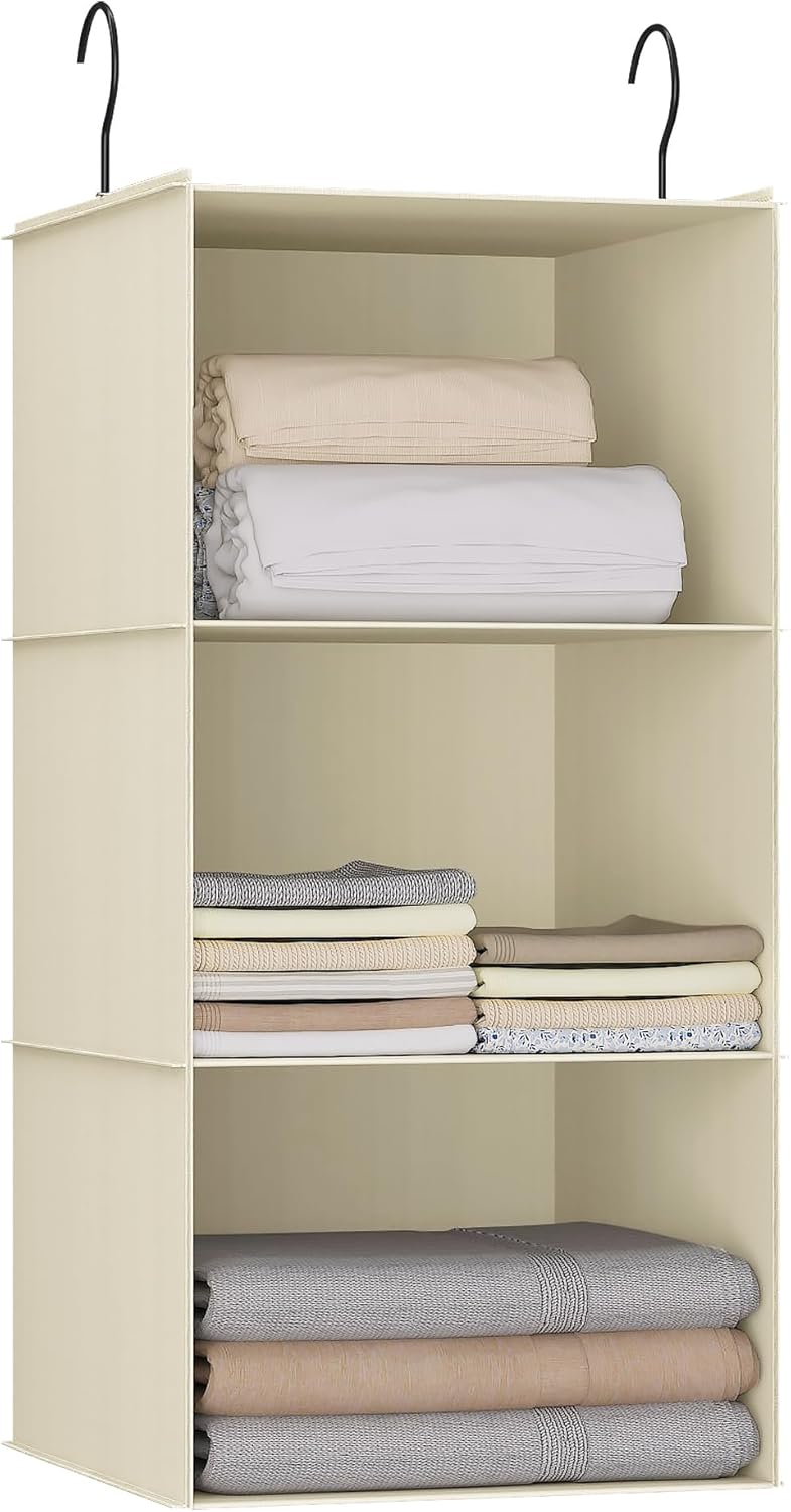Hanging Closet Organizer and Storage 3-Shelf, Easy Mount Foldable Hanging Closet Wardrobe Storage