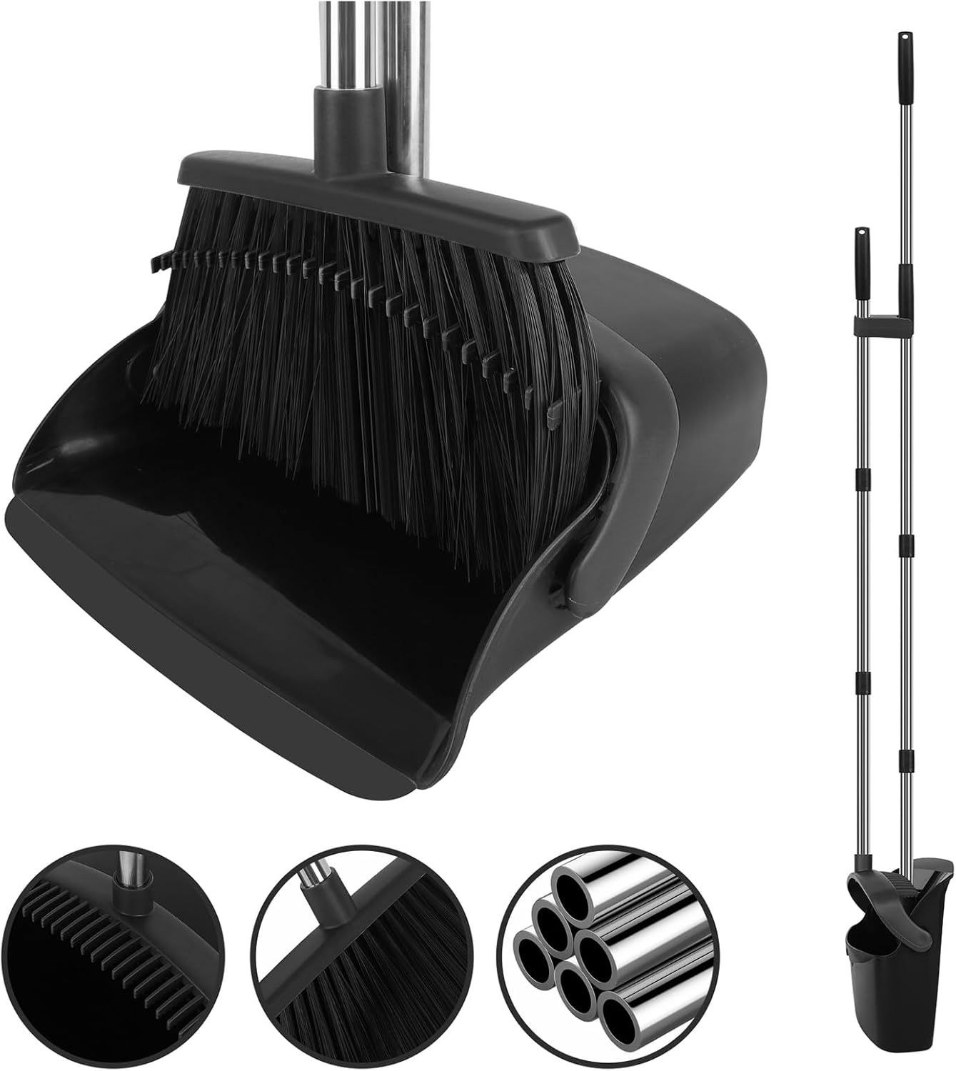 Broom and Dustpan Set, Large Household Broom with Dustpan Combo Set, 55" Long Handle Black Dust Pan