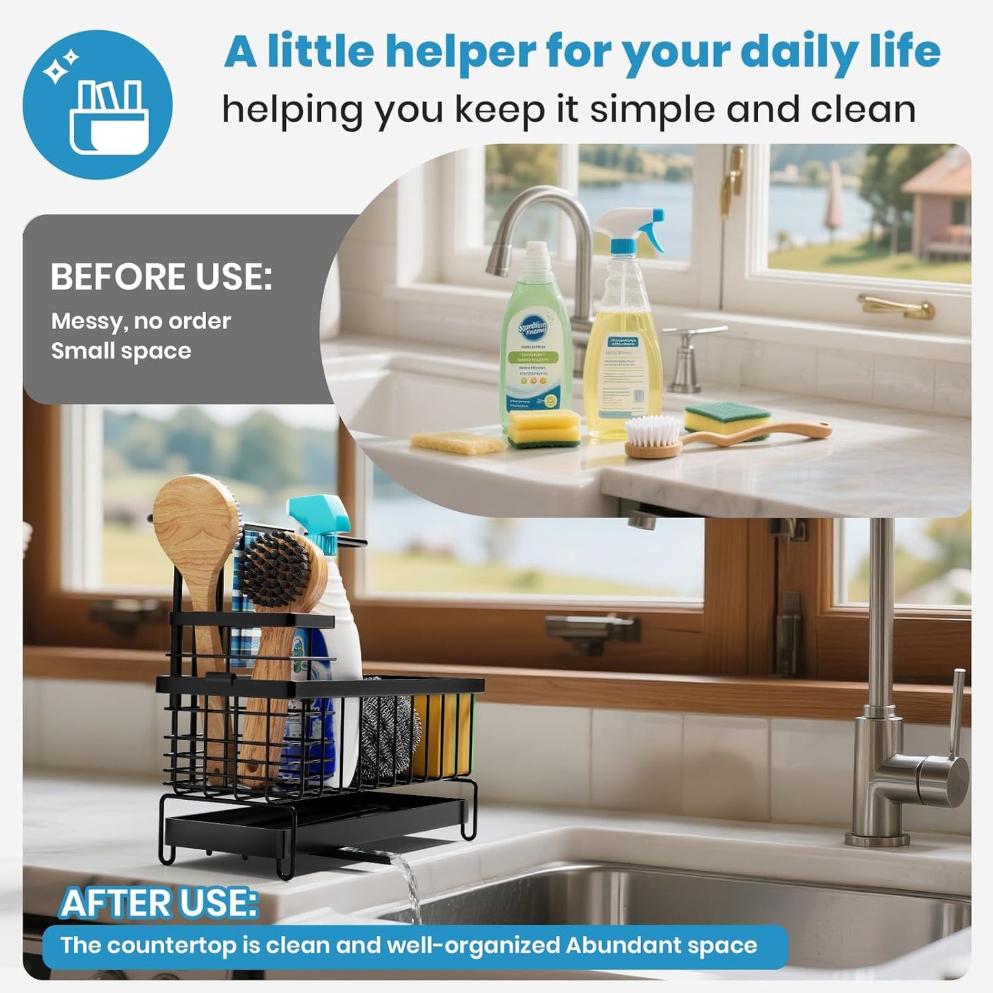 Kitchen Sink Caddy, Sponge Holder with 360 Degree Rotating Drain, Carbon Steel Organizer with High
