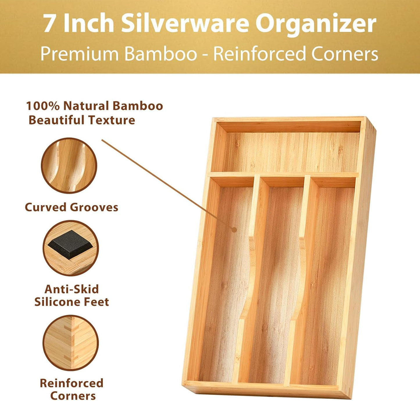 Umilife Bamboo Kitchen Drawer Organizer, 7 Inch Silverware Utensils Tray Holder for Small Drawer