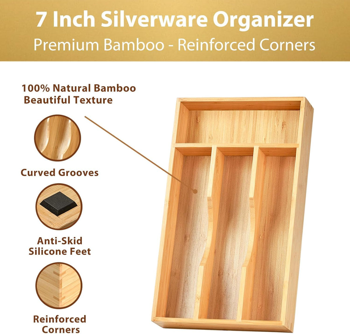 Umilife Bamboo Kitchen Drawer Organizer, 7 Inch Silverware Utensils Tray Holder for Small Drawer