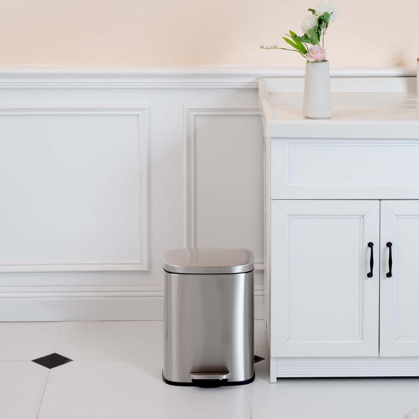 Amazon Basics Smudge Resistant Small Rectangular Trash Can With Soft-Close Foot Pedal, Brushed