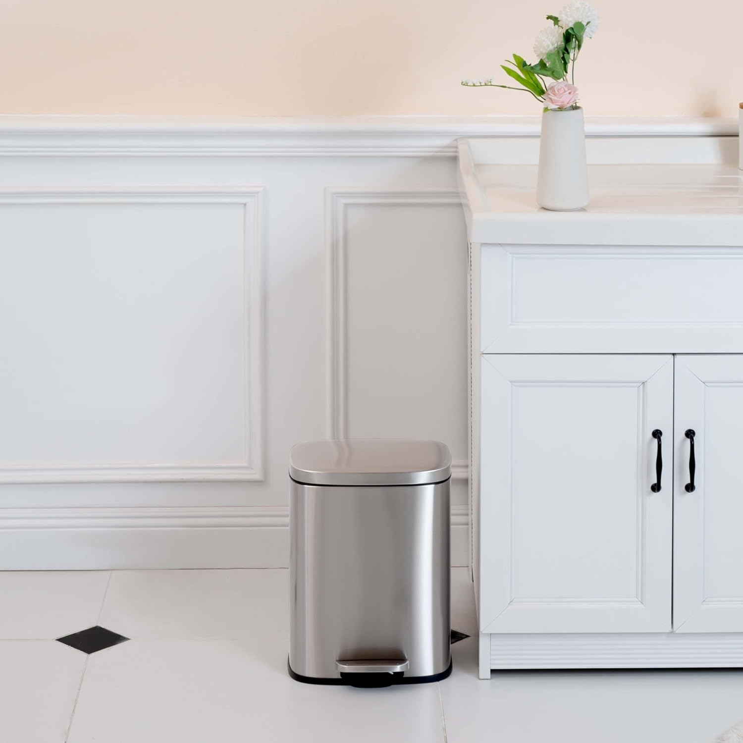 Amazon Basics Smudge Resistant Small Rectangular Trash Can With Soft-Close Foot Pedal, Brushed