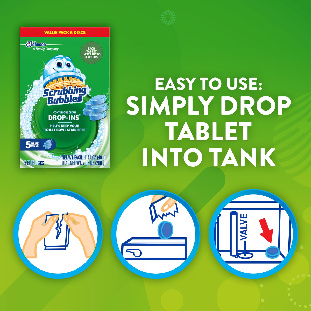 Scrubbing Bubbles Continuous Clean Toilet Drop-Ins, Automatic Blue Toilet Bowl Cleaner, Septic-Safe