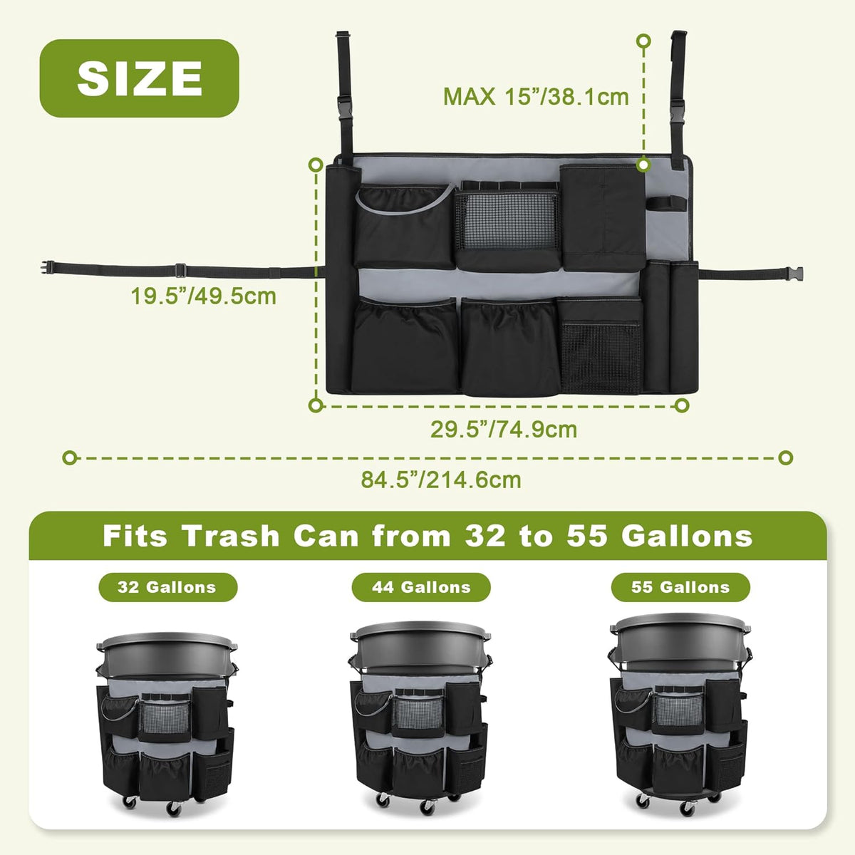32-55 Gallon Trash Can Caddy Bag, Garbage Bin Apron Caddy with Multiple Pockets for Cleaning