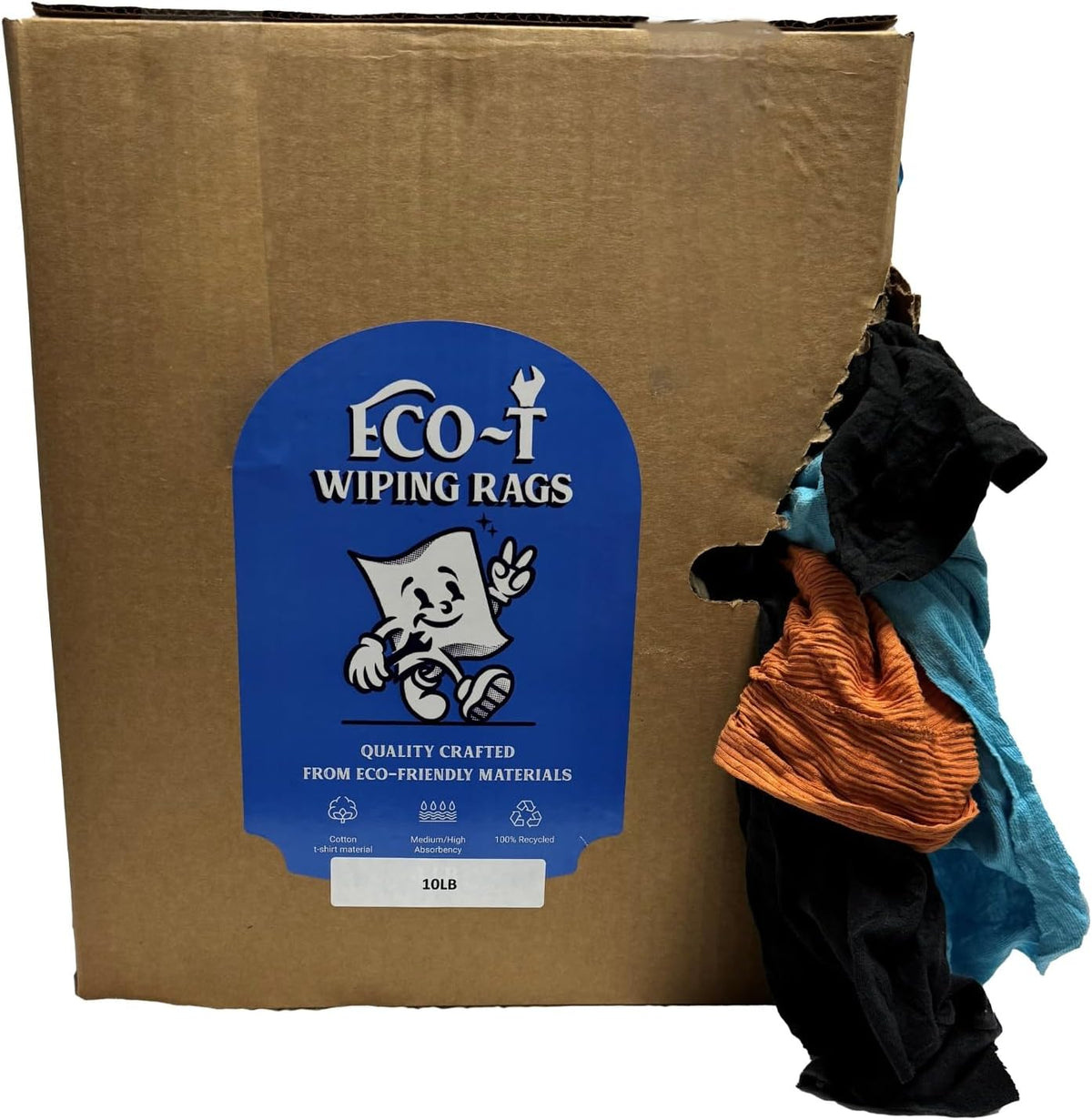 10 Lb Box Eco-T Mechanic Shop Rags - Colored T-Shirt Material, 100% Recycled, Eco-Friendly, High