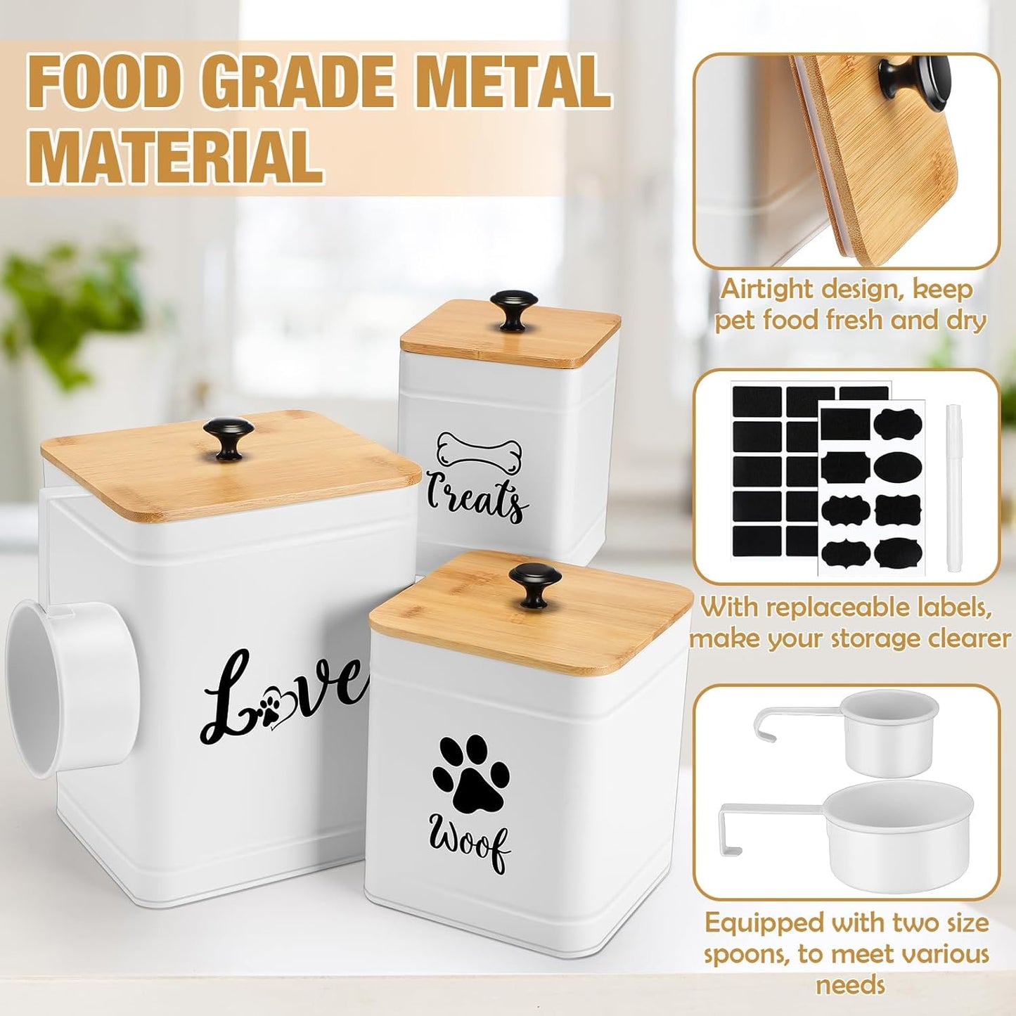 Metal Dog Treat Containers Set of 3 with Bamboo Lids and Spoon Airtight 7+3+2 lbs Dog Food Snack