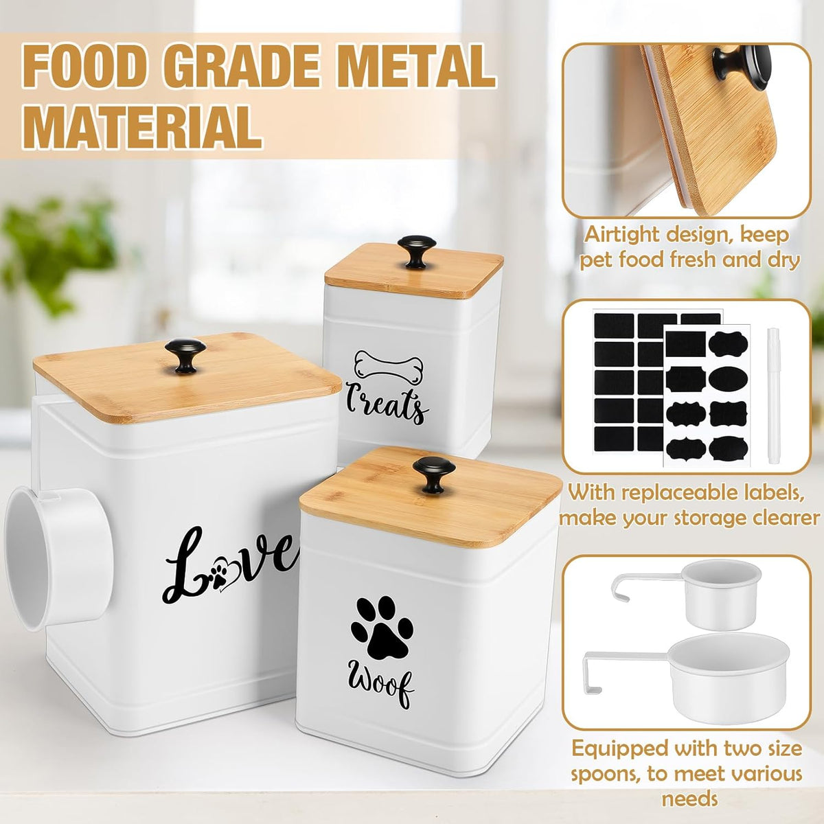 Metal Dog Treat Containers Set of 3 with Bamboo Lids and Spoon Airtight 7+3+2 lbs Dog Food Snack