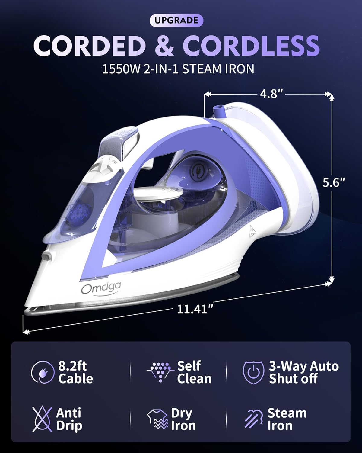 Cordless Iron for Clothes, 1550W 2-In-1 Cordless/Corded Steam Iron Rapid Heating, Ceramic