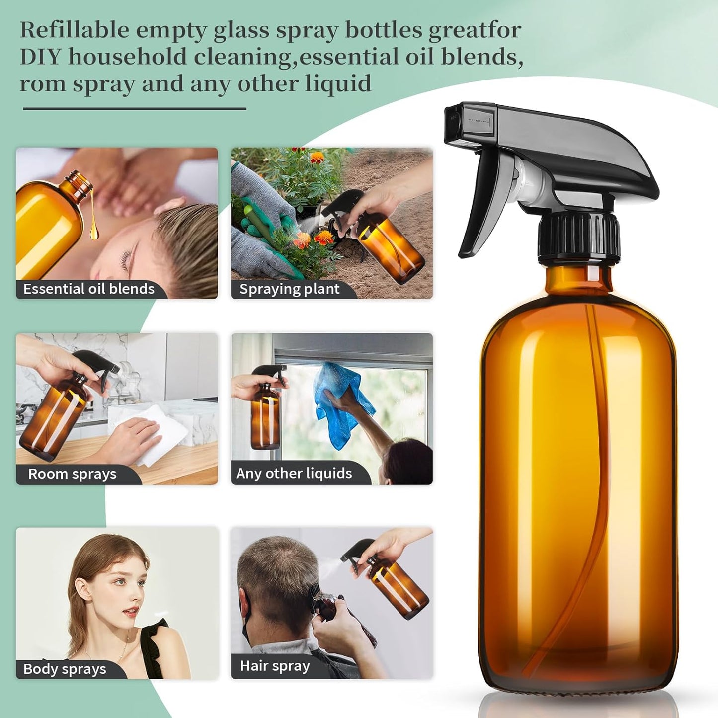 16oz Amber Glass Spray Bottles,4 Pack Glass Spray Bottles Refillable Empty Bottle with Adjustable